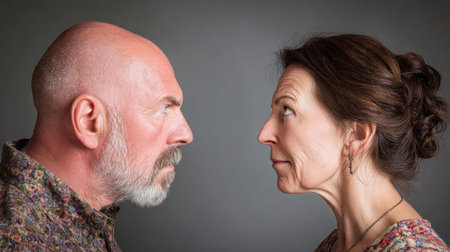 Intense confrontation between a middle aged couple displaying anger and frustration as they lock eyes, evoking an emotional family squabble.の素材