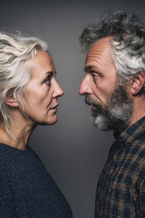 An angry couple confronts each other with deep emotions, their faces depicting distress and tension against a minimalistic gray backdrop illuminated by studio lighting.の素材