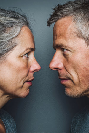 An angry couple stands opposed, their intense expressions revealing deep-seated emotions during a confrontation in a minimalist studio setting.の素材