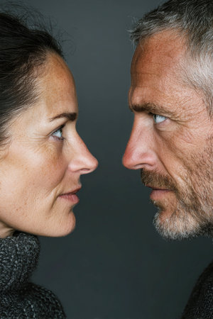Middle-aged couple stands facing each other, showing an angry expression as they engage in a heated confrontation. Gray background adds to the dramatic atmosphere.の素材