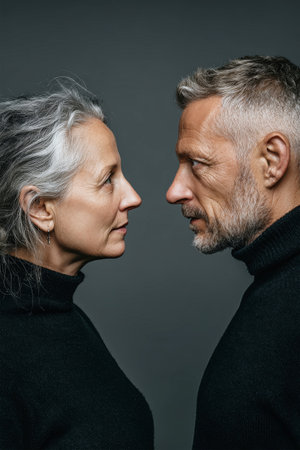 An intense confrontation unfolds as a middle-aged couple stands against a gray backdrop, their anger palpable in the charged atmosphere of the studio.の素材