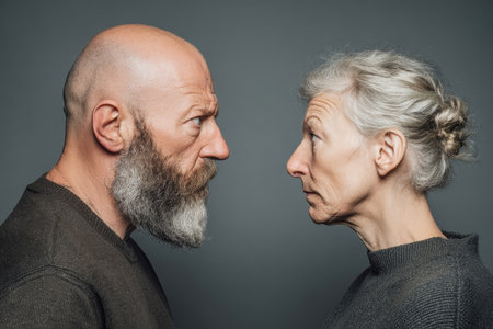 An intense moment unfolds as a middle aged couple exchanges angry glances, showing the raw emotions of a family squabble in a serene setting.の素材