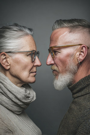 A middle-aged couple confronts each other, showing frustration in a dramatic standoff, softly lit against a gray backdrop.の素材