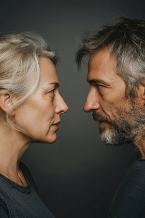 A middle-aged couple stands facing each other, their expressions showing anger and intensity under studio lights.の素材