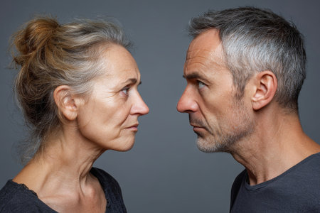 An intense exchange unfolds as a middle aged couple locks eyes, expressing anger amidst soft lighting and a simple gray backdrop.の素材