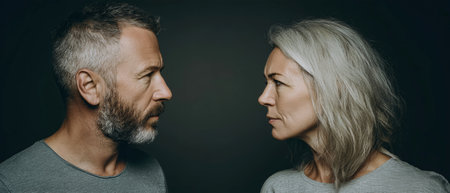 A couple stands close, facing each other with furrowed brows and angry expressions. The man has a beard and gray shirt, while the woman is blonde in light gray.の素材