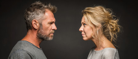 Emotions run high as a middle aged couple confronts each other, their faces filled with anger against a dark backdrop, showcasing raw human tension.の素材