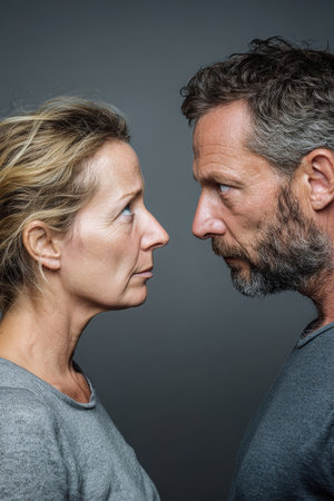 An angry couple faces off in a stark studio, each lost in their emotions as tension fills the air.の素材