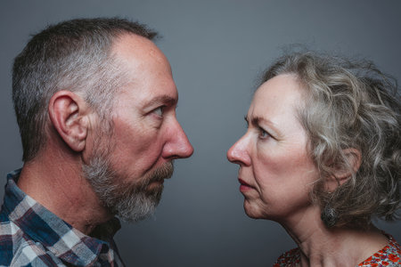 An intense family squabble unfolds as a middle-aged couple glares at one another, showing their natural features against a simple gray backdrop.の素材