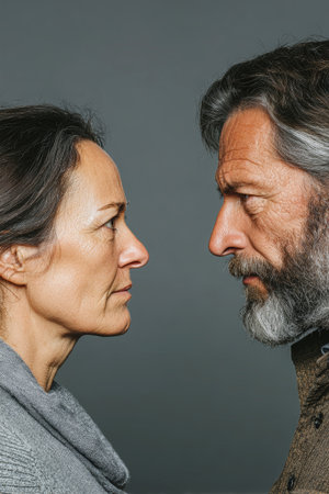 Opposing each other, a middle-aged couple expresses their frustration through intense gazes, capturing the raw emotions of a family squabble in a creative setting.の素材