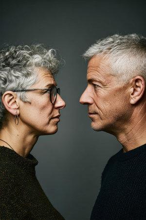 A middle-aged couple silently disputes, their emotions visible against a dramatic gray backdrop, highlighted by studio lights.の素材