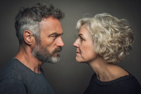 An angry couple locked in a heated stare, revealing the tension and conflict in their relationship.の素材