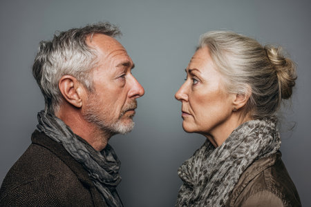 An angry middle-aged couple stars each other down, surrounded by a soft gray backdrop. The intensity captures the raw emotions of a family squabble.の素材