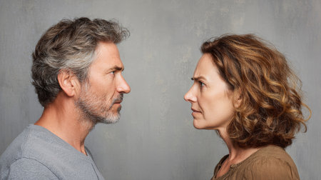 In a heated disagreement, a middle aged couple exchanges fierce glances against a gray background, highlighting their emotional turmoil and family struggle.の素材