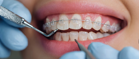 Oral care expert carefully examines a patient's braces and teeth while administering anesthetic to enhance comfort during brightening treatment at a dental clinic.の素材