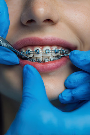 Dentist carefully inspects the braces on a young woman's teeth in a dental clinic, showing precision and attention to detail in orthodontic treatment.の素材