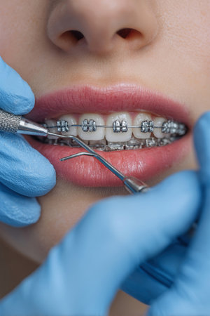 In a bright dental clinic, a dentist works on a young woman's braces with precision. Blue gloved hands delicately adjust the dental hardware for optimal alignment.の素材