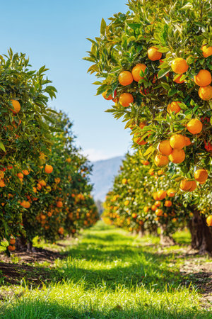 Rows of orange trees heavy with ripe fruit stretch across the farm as warm sunlight reflects off the vibrant oranges, against a clear blue sky.の素材