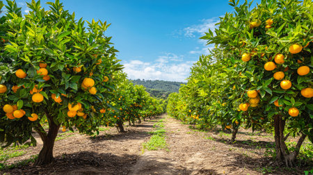 Rows of orange trees laden with bright fruit stretch into the horizon, basking in warm sunlight and a clear blue sky, presenting a picturesque agricultural landscape.の素材