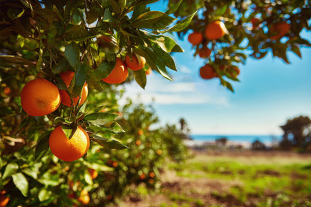 Sunlight filters through lush leaves, illuminating ripe oranges in a sprawling orchard. The serene sea sparkles in the distance under a clear blue sky.の素材
