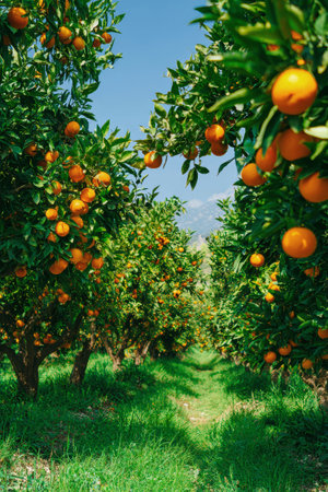 Rows of orange trees flourish in the sunlight, their branches heavy with ripe oranges, creating a stunning display of color against the vibrant green grass.の素材