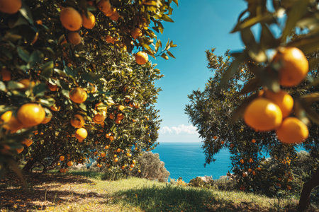 Golden oranges hang from lush trees in an expansive grove, basking in warm sunlight while the tranquil sea glimmers in the distance, creating a serene atmosphere.の素材