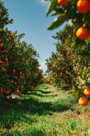 Rows of orange trees heavy with ripe fruit stretch under a clear blue sky, illustrating the abundant beauty of a sunlit orchard in full bloom.の素材
