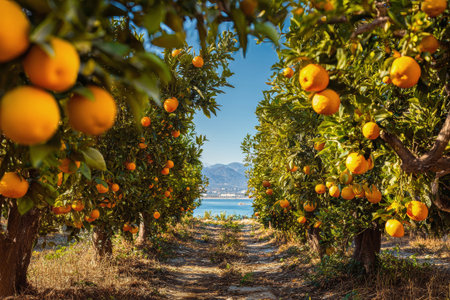 Lush orange trees laden with bright fruits bask in sunlight, offering a picturesque view of the sea and mountains in the distance under a vivid blue sky.の素材
