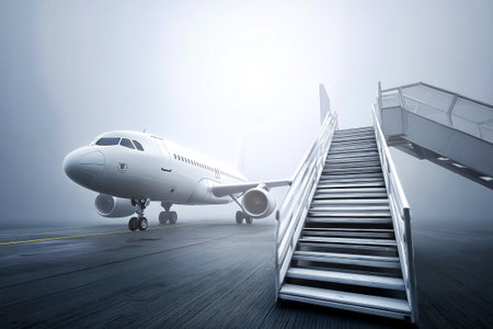 Passengers prepare to board an aircraft surrounded by thick fog. The airplane's silhouette stands out against the soft morning glow, creating a mysterious atmosphere.の素材