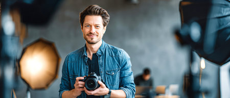 A man stands confidently holding a camera, ready to capture beautiful images in a lively studio. The atmosphere is filled with vibrant energy and creativity.の素材