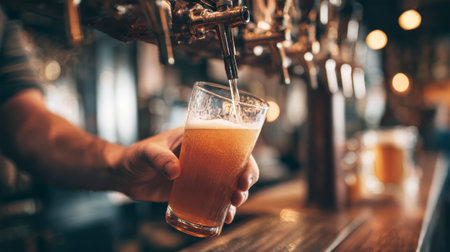 Hands expertly pour beer into a frosted pint glass at a rustic bar, showcasing the ambiance and artistry of pouring drinks in a lively setting.の素材