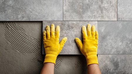 Ceramic tiles are being carefully placed on a concrete wall by skilled hands wearing yellow gloves, showcasing craftsmanship and attention to detail in a bright setting.の素材