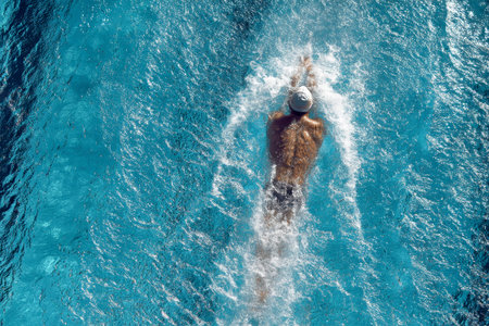 A male swimmer powers through the blue waters of an olympic pool, captured from a top view. Bright sunlight illuminates his smooth strokes, showing athletic grace.の素材