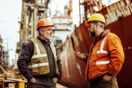 Two shipyard workers engage in a detailed discussion about their current project, with a large cargo ship looming in the background under natural light.の素材