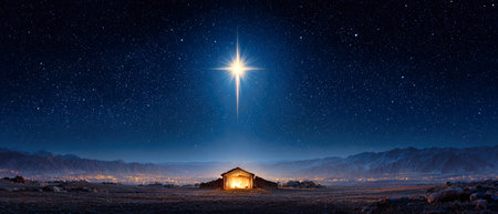 Bright light of the Star of Bethlehem illuminates a rustic manger, creating a serene atmosphere filled with hope and the spirit of Christmas under a starry sky.の素材