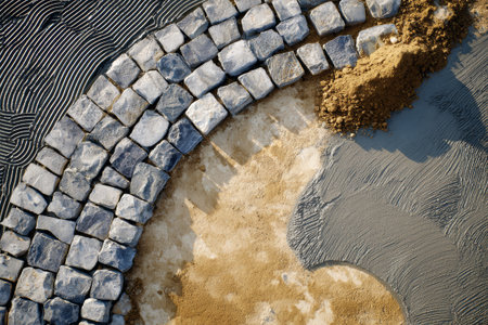 Aerial view capturing the intricate layout of gray cobblestones set against sand as workers prepare for a quaint outdoor patio construction, showcasing artistry.の素材
