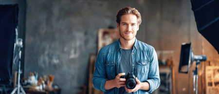 A skilled photographer stands confidently in a vibrant studio, holding a camera and ready to create stunning visual stories that inspire and connect.の素材