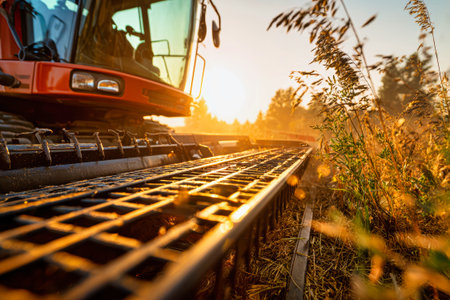 Close-up view of green plantings and agricultural machinery during harvest season, highlighted by bright sunlight over the farm field.の素材