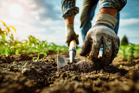 Gloved hands of a farmer work the soil with a shovel as sunlight bathes a vibrant plantation, showing the beauty of agricultural labor and nature.の素材