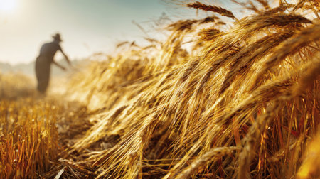 Farmers work diligently in the wheat fields, gathering harvest under warm sunlight, surrounded by golden crops and a serene rural landscape.の素材