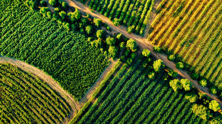Aerial view showcases lush green plantings in farm fields during harvest season, bathed in bright sunlight, highlighting the beauty of nature and agriculture.の素材