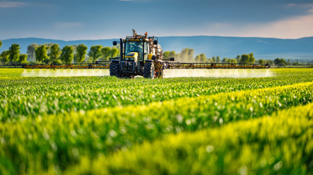 Close-up view of a combine sprayer distributing fertilizer over vibrant green crops in a sunlit field, surrounded by distant plantations and blue skies.の素材