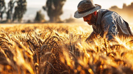A farmer carefully collects golden wheat in a field under bright sunlight, surrounded by nature during the harvest season. The warm tones evoke a rustic atmosphere.の素材