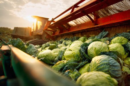 Cabbages are being collected by harvesting equipment in a bright, sunlit field, showing the essence of the harvest season on the plantation.の素材