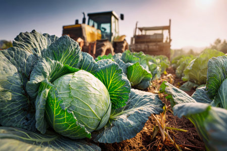 Cabbages thrive in a farm field under bright sunlight, showing their vibrant green leaves and smooth textures while machinery prepares for harvest.の素材