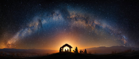 Under a colorful sunset, a Nativity scene glows as figures gaze up at the bright Christmas star, creating a stunning sight among the desert hills and the Milky Way.の素材