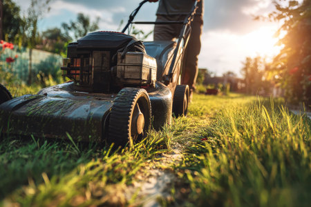 A man is mowing the lawn on a sunny day using a shiny lawn mower. The low angle shot captures the vibrant grass and blurred garden background, creating a lively scene.の素材
