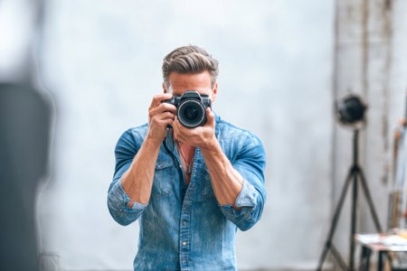 A talented photographer stands confidently in a spacious studio, aiming his camera at the viewer while ready to capture vibrant moments of creativity and expression.の素材