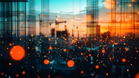 Cranes loom over a lively construction site at sunset, blending blue and orange hues with digital elements adding depth to the urban scene.の素材