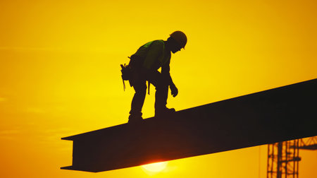 A construction worker balances on a steel beam, silhouetted against a vibrant yellow sunset, with the skyline of a bustling construction site in the background.の素材